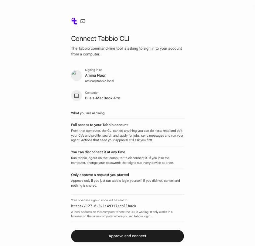 The Connect Tabbio CLI page, showing the account, the computer name, what the sign-in allows, the local callback address and the Approve and connect button.