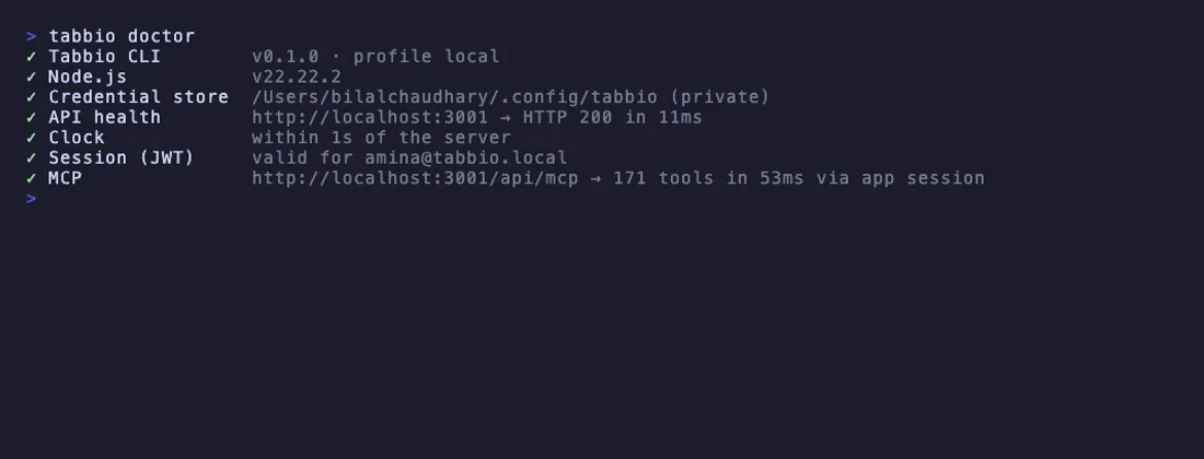 Output of tabbio doctor, seven passing checks from the CLI version and Node.js to the MCP tool list.