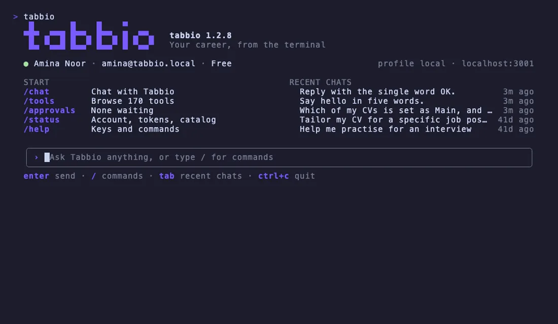 The Tabbio CLI home screen, with the signed-in account, shortcuts to chat, tools, approvals and status, recent chats and a message box.