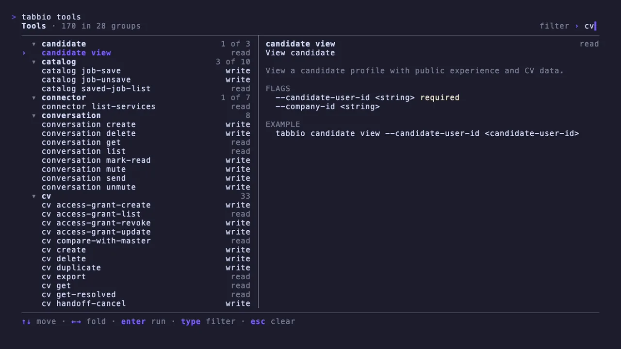 The Tabbio CLI tool browser, filtered to CV tools, with the flags and an example command for the selected tool on the right.
