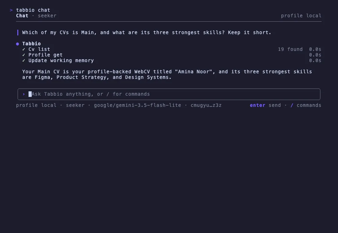 A Tabbio CLI chat with a question about the main CV, three tool calls with their timings, and the agent's answer.
